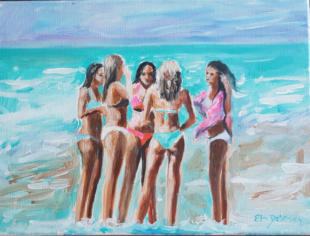 Impressionistic Portrait Acrylic Painting By Els Driesen, 16 X 12, Girls At The Beach, Original Artwork