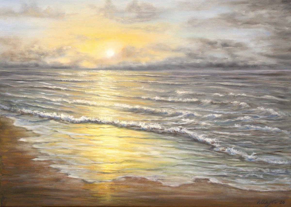 Expressive Oil Painting , Sunset Over Sea By Ludmilla Ukrow, 28 X 20, Artwork For Sale On Artfinder
