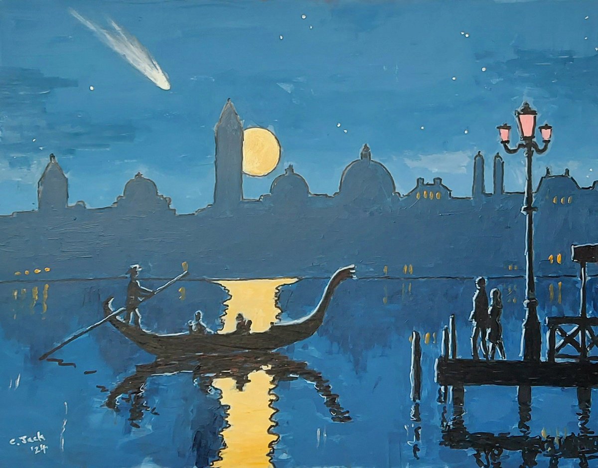 Cityscapes Oil Painting By Colin Ross Jack, 26 X 20, Venetian Nocturne With Comet, Original Artwork