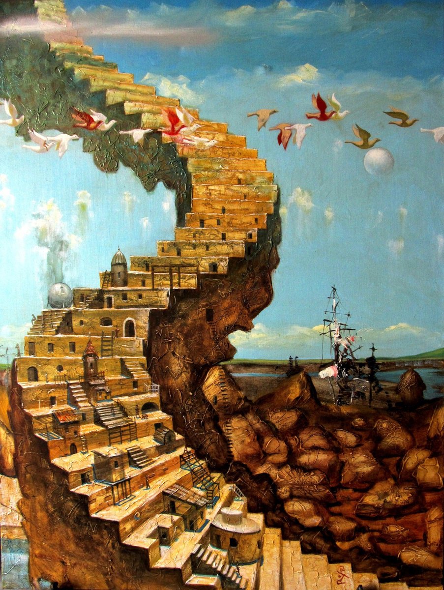 Surrealistic Landscape Oil Painting By Serhiy Roy, 22 X 30", Stairway To Heaven I, Original Artwork