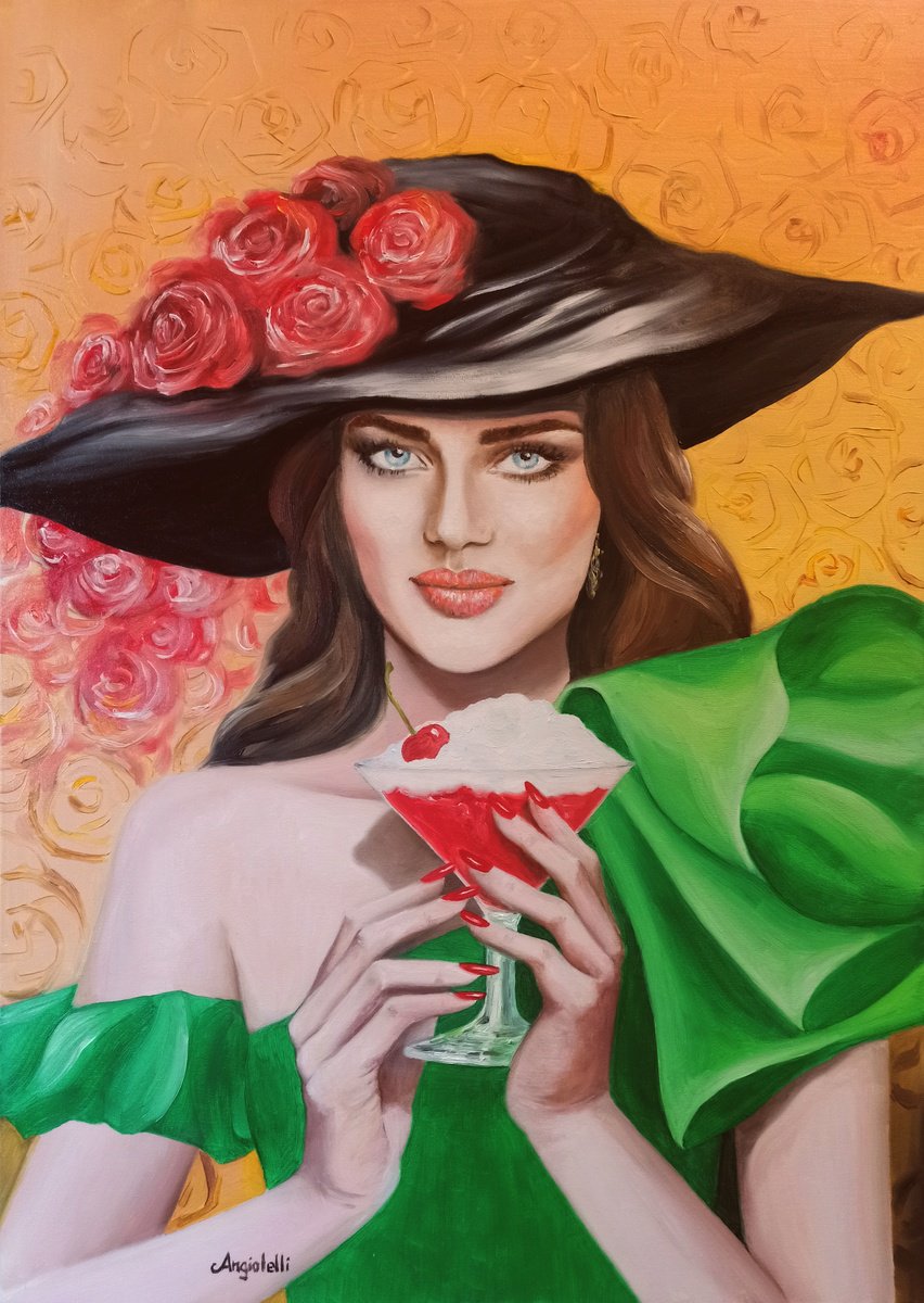 Photorealistic Portrait Oil Painting By Anna Rita Angiolelli, 20 X 28, Portrait With Cherry, Original Artwork