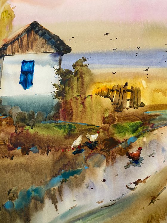 Watercolor “Neighbors talk. Twilight ", perfect gift
