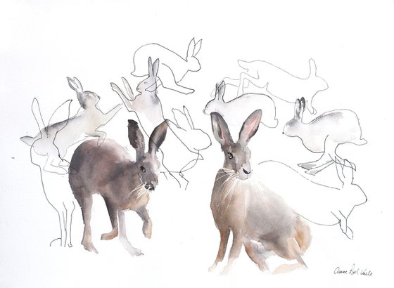 Hare painting mixed media - "Everybody Jump"