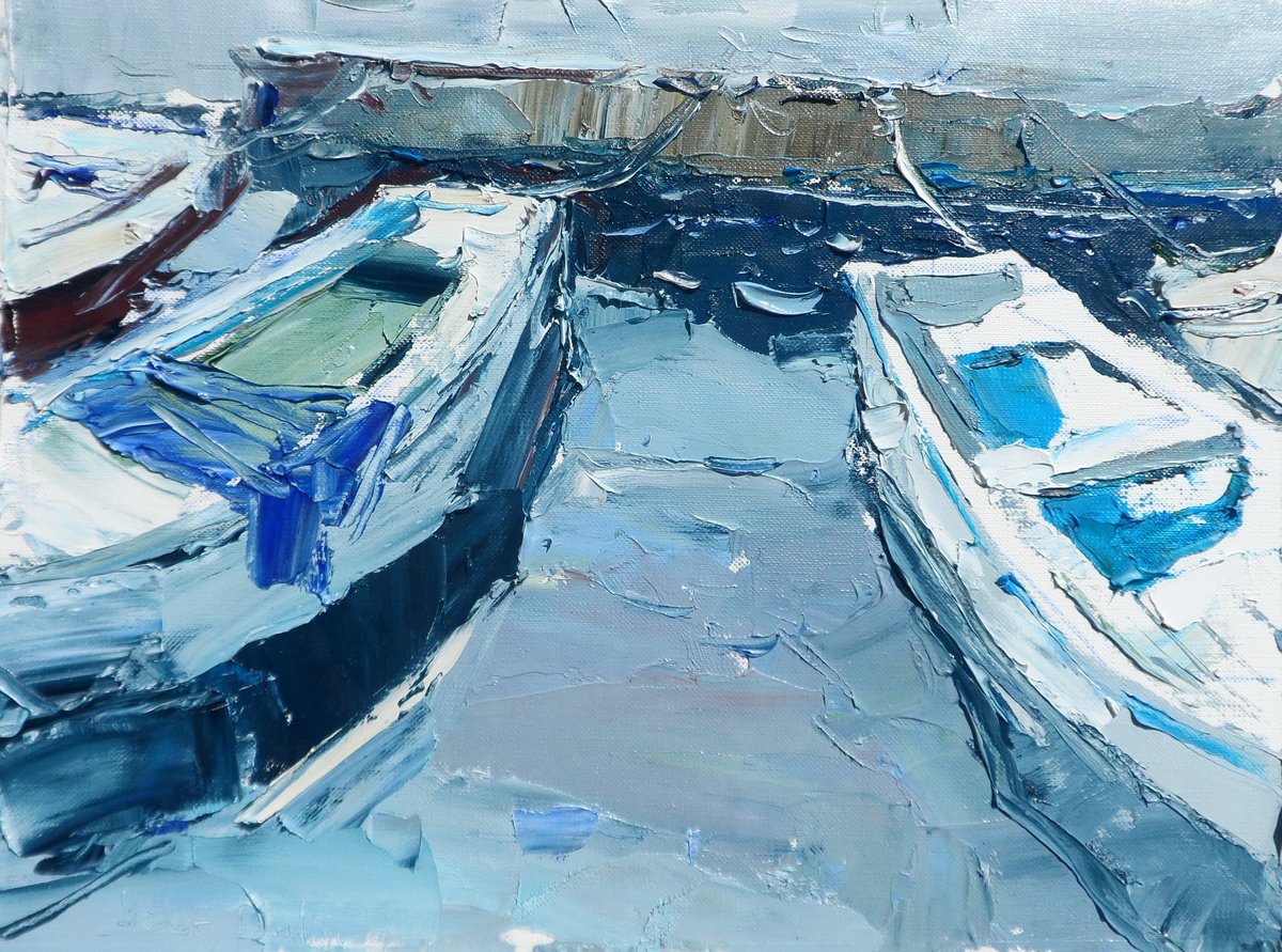 Impressionistic Landscape Oil Painting By Yehor Dulin, 12 X 9", " Boats ", Original Artwork