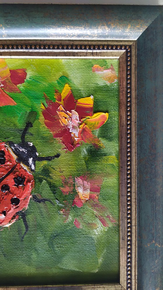 Ladybird, original small framed oil painting, gift idea, art for home