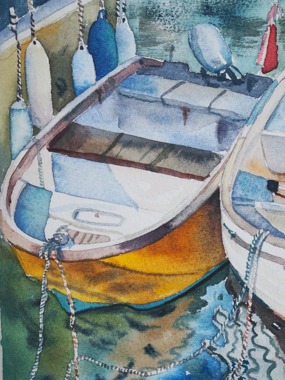 Boats in the port - colorful seascape original watercolor