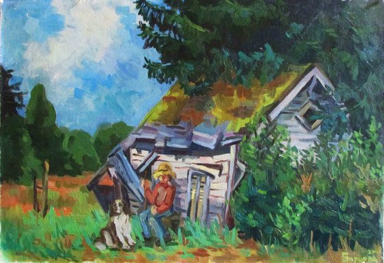 Old house in the wood landscape painting