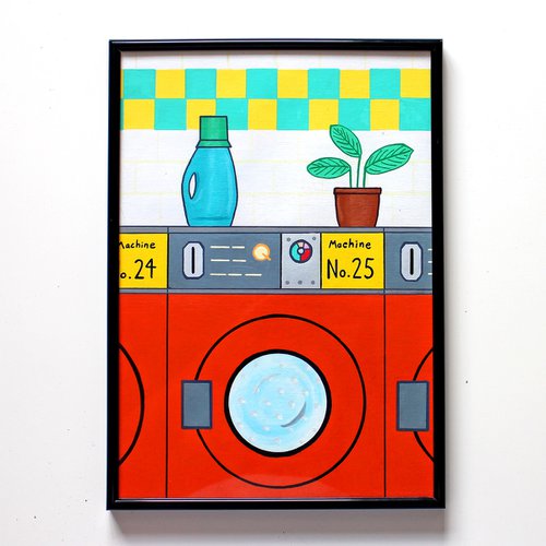 Retro Orange Launderette Interior Pop Art Painting on A4 Paper by Ian Viggars