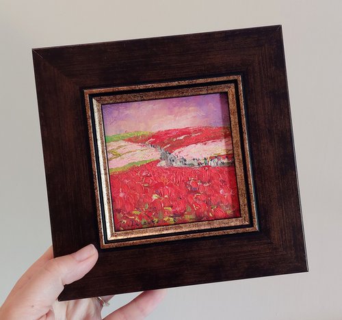 Landscape art abstract oil painting original 4x4, Red fields small frame art, Red black painting framed artwork mini wall decor by Nataly Derevyanko