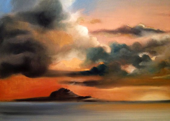 Marine Coast at sunset- original oil on wood-horizontal cut- ready to hang- 30 x 60 cm (12' x 24 ')