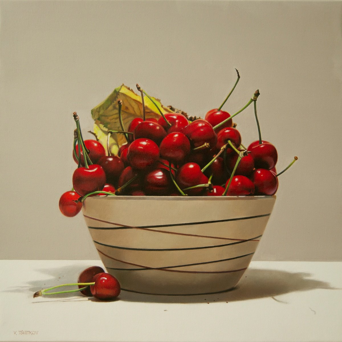 Still life with cherries II , Original oil on canvas painting by Valeri Tsvetkov