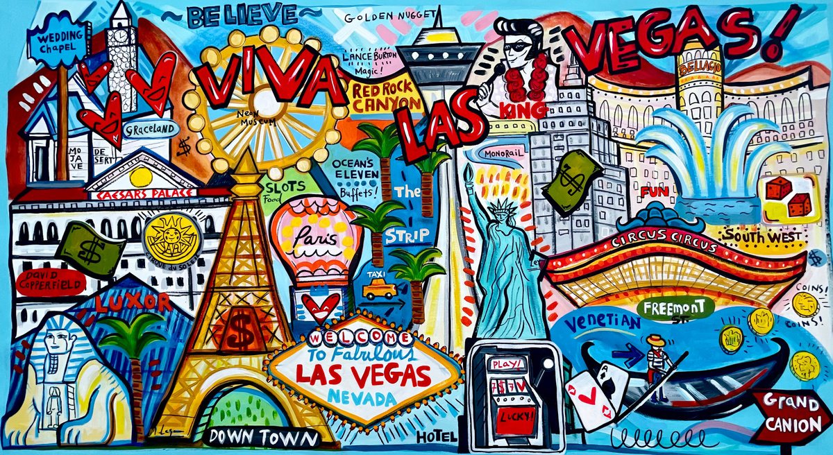 Urban And Pop Cityscapes Print By Mercedes Lagunas, 59 X 31", Viva Las Vegas Hand Embellished Limited Edition Canvas Print., Artfinder