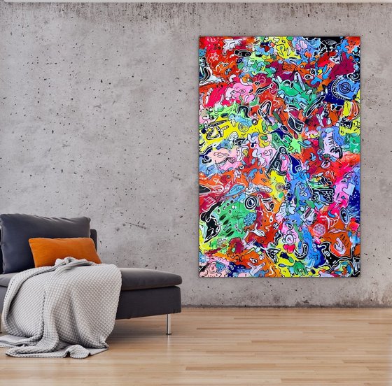 78''x53''(200x135cm), Life in Colors 11, blue, pink, cream, green black, texture, land earth colors canvas art  - xxxl art - abstract art painting- extra large art