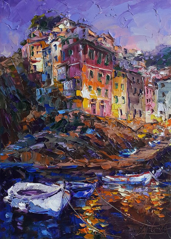 Painting original oil Evening in Riomaggiore,  Italian landscape, Cinque Terre