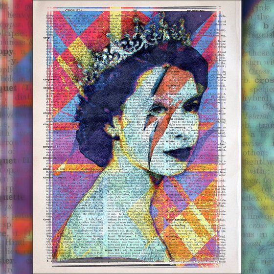 Queen Elizabeth II - Ziggy Stardust Makeup - Pop Art Collage Art on Large Real English Dictionary Vintage Book Page