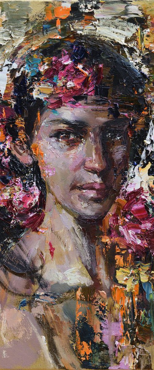 Abstract girl with flowers - Original oil portrait painting by Anastasiia Valiulina