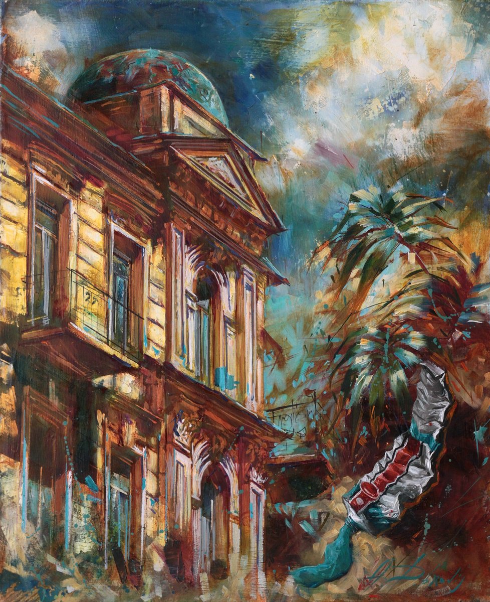 Impressionistic Cityscapes Oil Painting By Alexandr Dobrodiy, 20 X 24, Turkish Blue (2019), Original Artwork