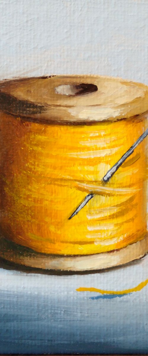 Little yellow cotton reel still life by Jane Palmer Art
