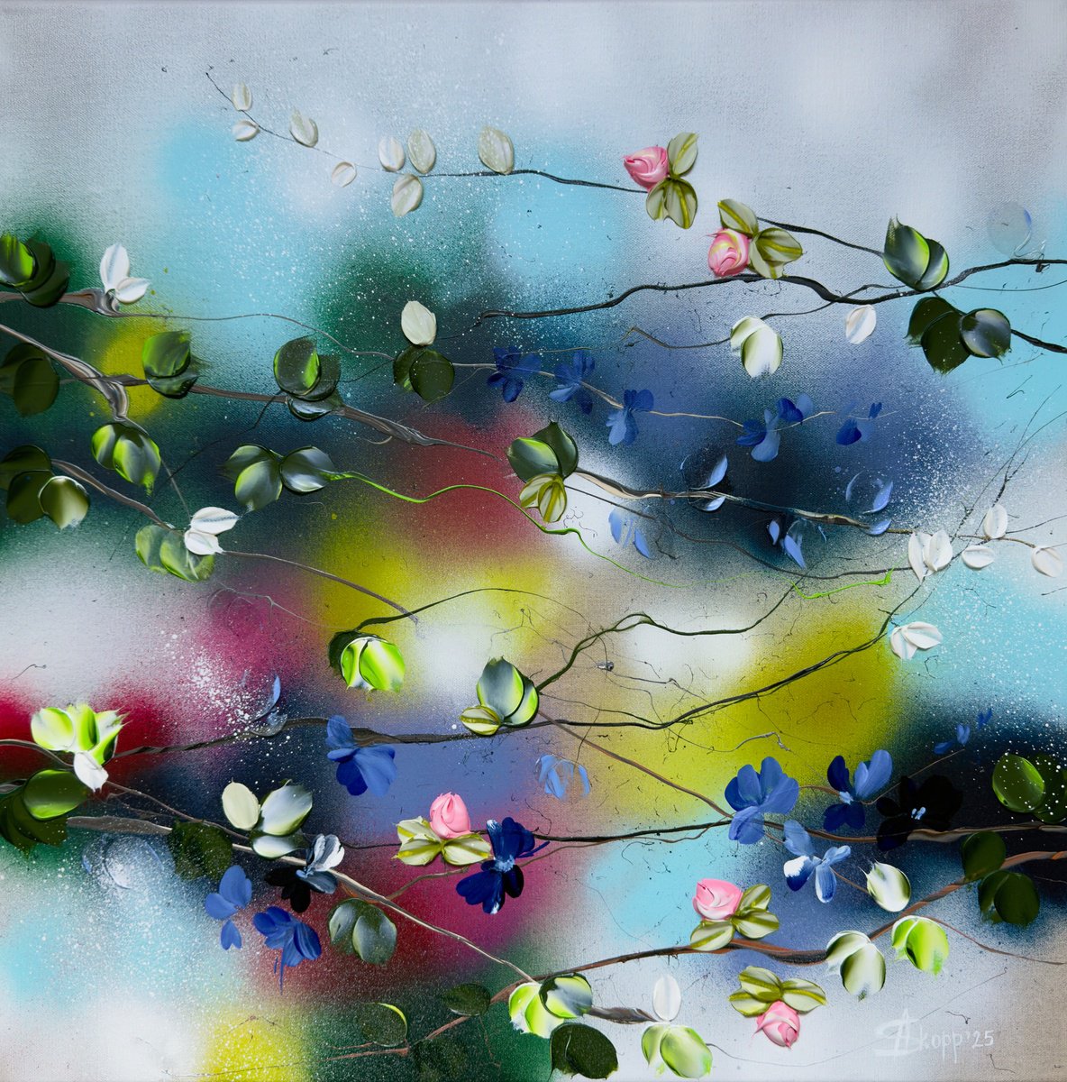 Expressive Botanical Acrylic Painting By Anastassia Skopp, 24 X 24, Floral Whirl I, Original Artwork