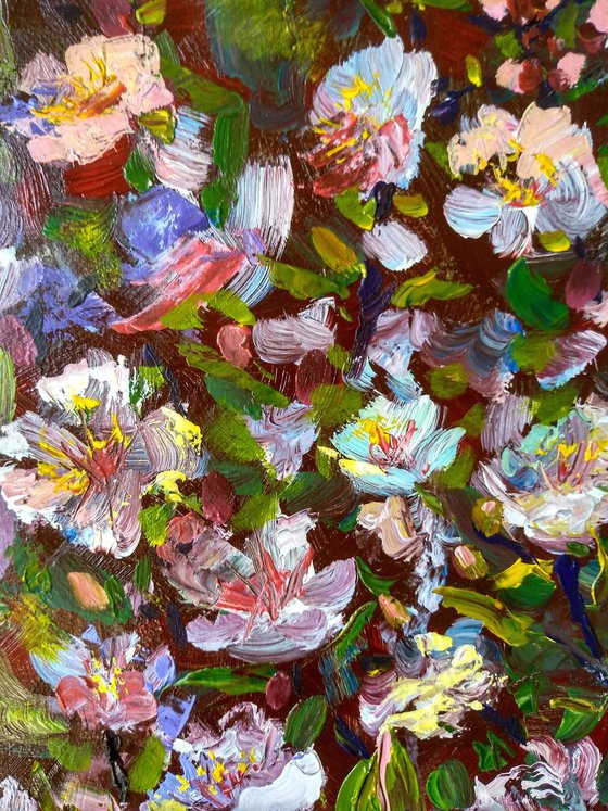 Spring blooming, acrylic floral painting, palette knife