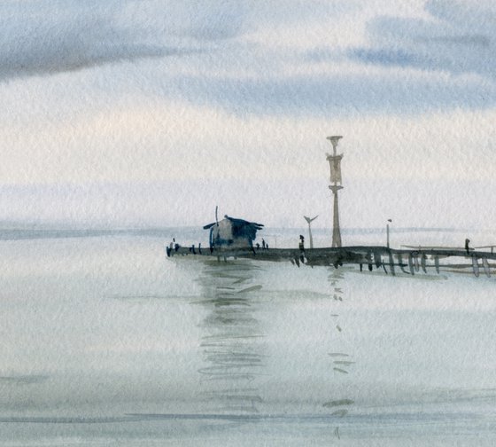 Sea and pier. Watercolour by Marina Trushnikova. Seascape with calm water