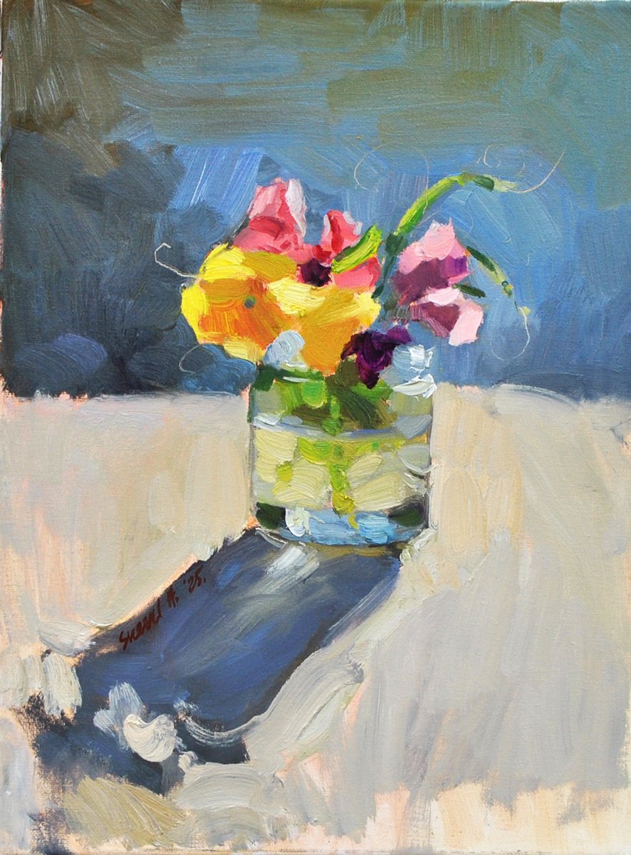 Impressionistic Botanical Oil Painting By Anna Shevel, 12 X 16, Vase Of Sunshine, Original Artwork