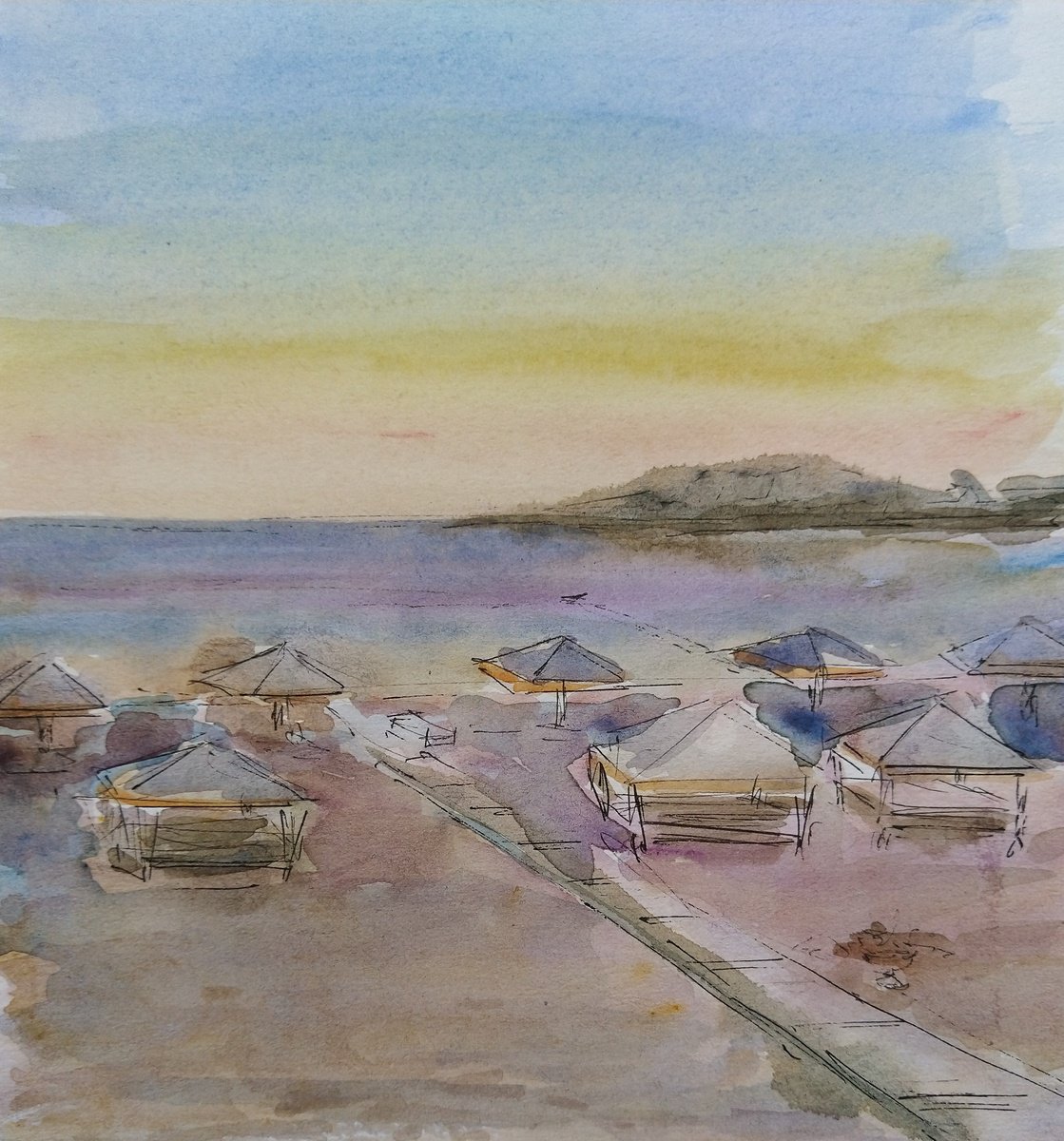 Impressionistic Landscape Drawing By Elena Klyan, 7 X 8, Lido. Original Watercolour, Original Artwork