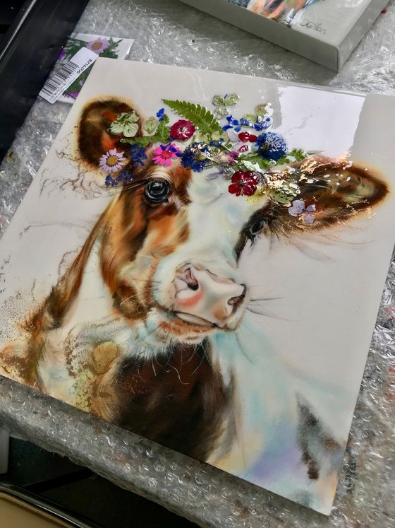 Tatiana, Red and White Holstein calf (cow) original oil painting, flowers, resin, 3D 14x14" Unframed