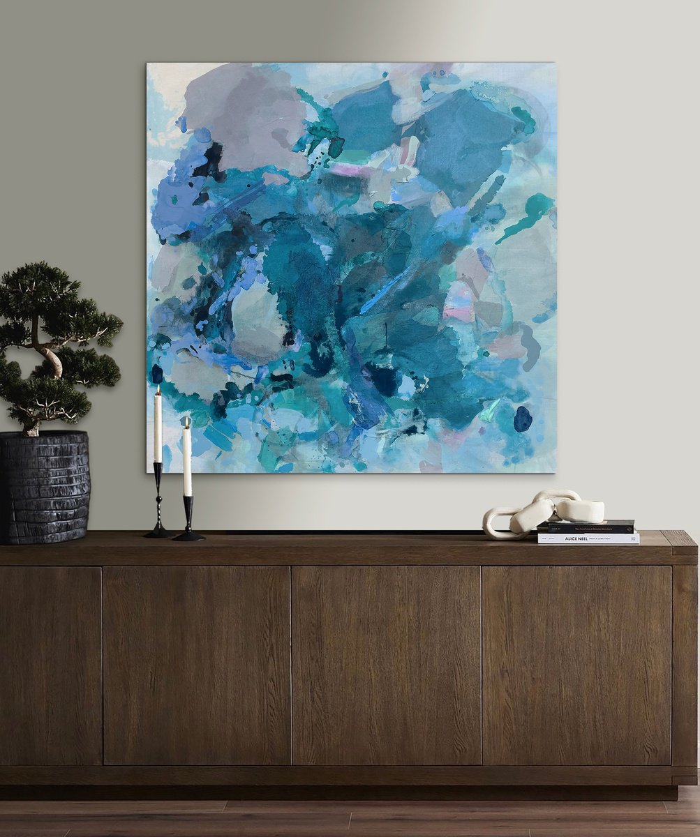 Organic Abstract Painting By Stacey Warnix, 48 X 48", Big Blue Sea, Original Artwork