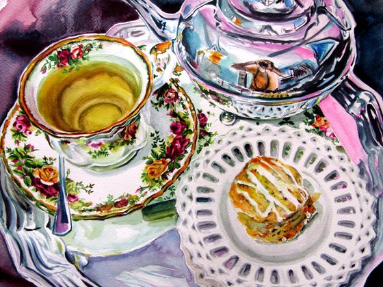 Still life with tea set in the garden