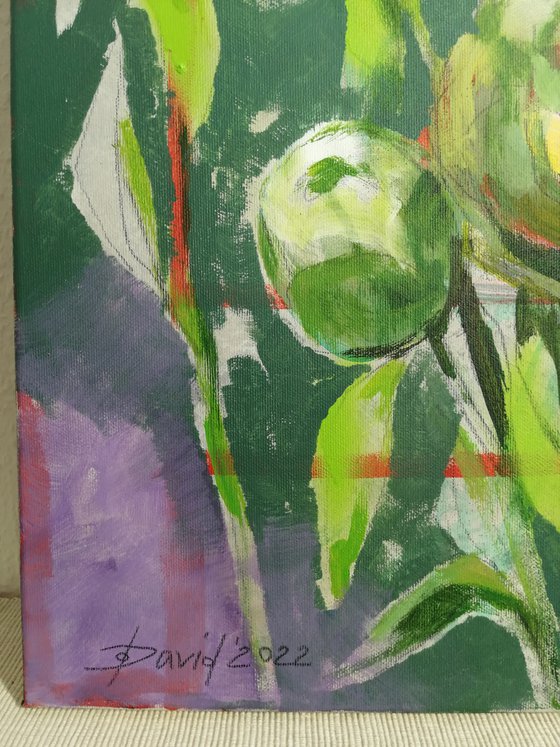 Green peonies modern mixed media painting