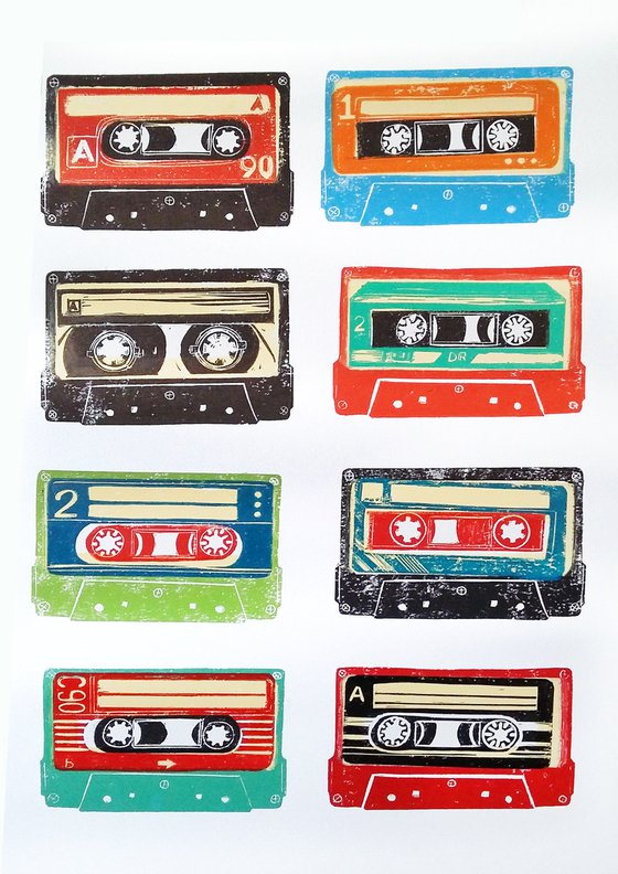 Linocut tapes #34 (cassette tapes, retro music, 70's, 80's rock culture)