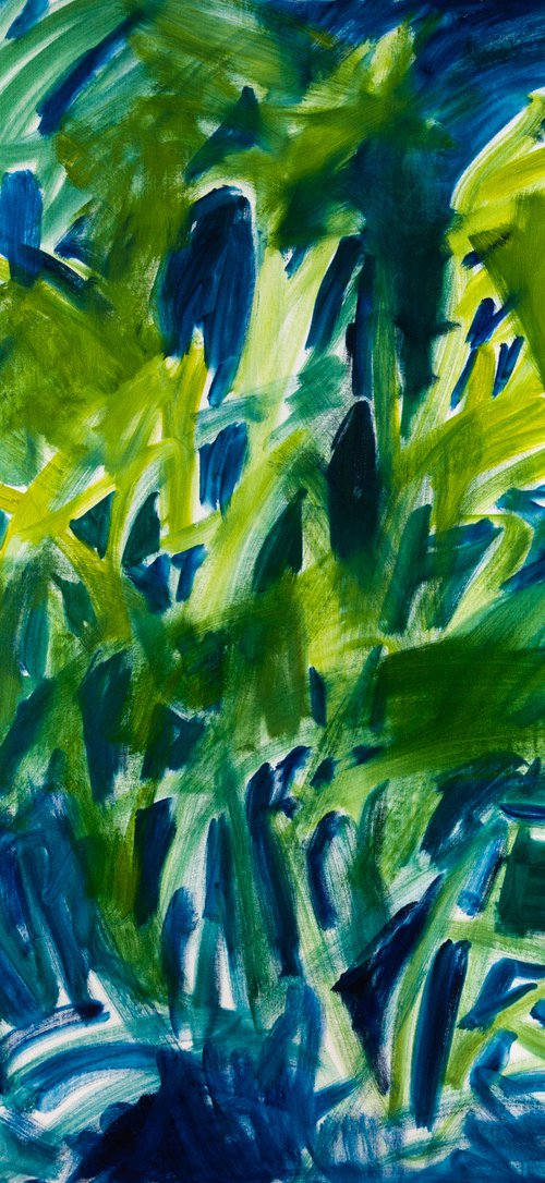 Abstract tall grasses in green and blue - READY TO HANG by Fabienne Monestier
