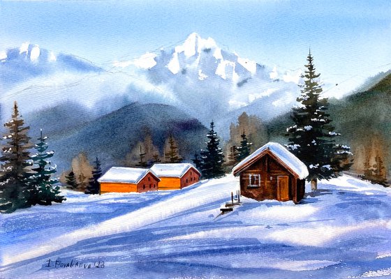 Alpine Radiance oroginal watercolor artwork, snow painting witt mountains and chaletб gift idea