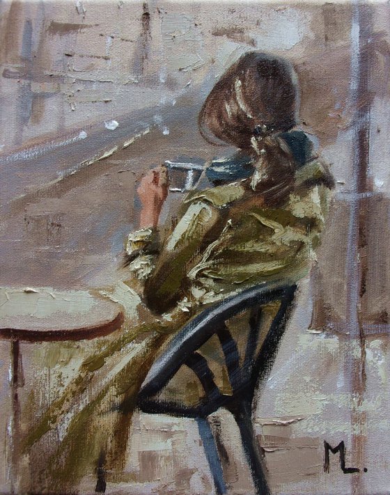 " COFFEE TIME ... " original painting SEA spring palette knife GIFT