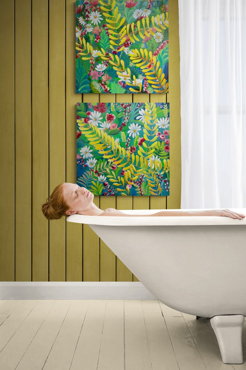 Expressive Botanical Acrylic Painting By Emma Sian Pritchard, 40 X 20, Fernsong 1 And 2, Original Artwork