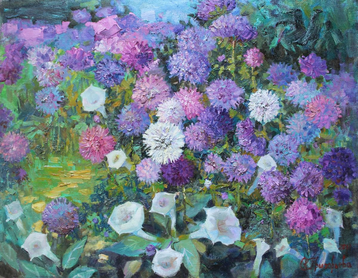 Impressionistic Botanical Oil Painting By Anastasiia Grygorieva, 31 X 24, Flower Bed, Original Artwork