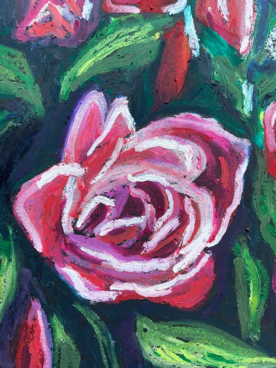Rose Original Panting, Oil Pastel Painting, Hand Painted Card, Gifts for Her, Dark Floral Wall Art