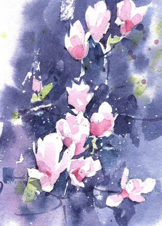 Watercolor sketch "Flowering branches of magnolias"