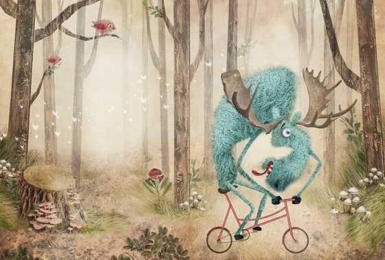 'Moose on a bike' illustration digital art, A3 42x29,7