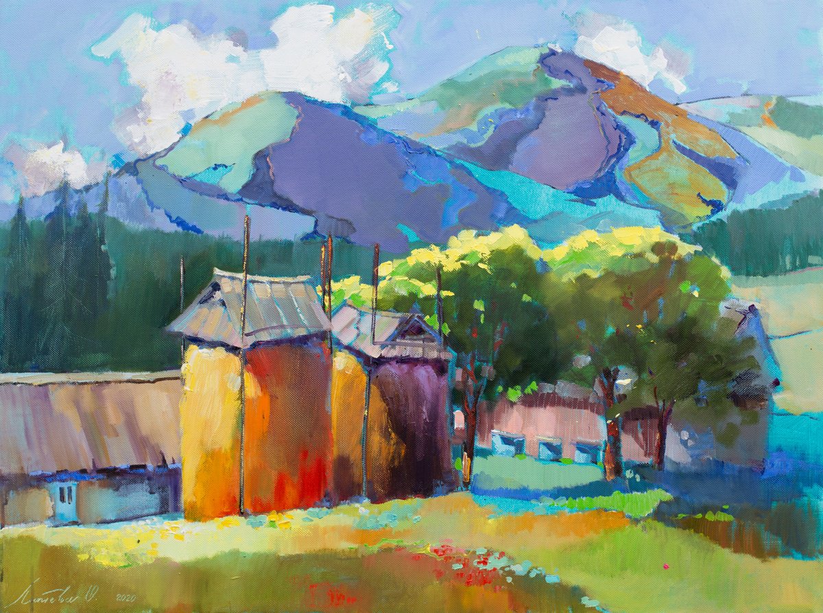 Abstract Landscape Painting By Olha Laptieva, 32 X 24", Sunny Day In The Mountains, Original Artwork