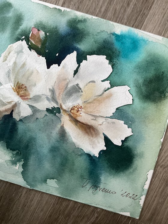 White roses, original watercolour painting
