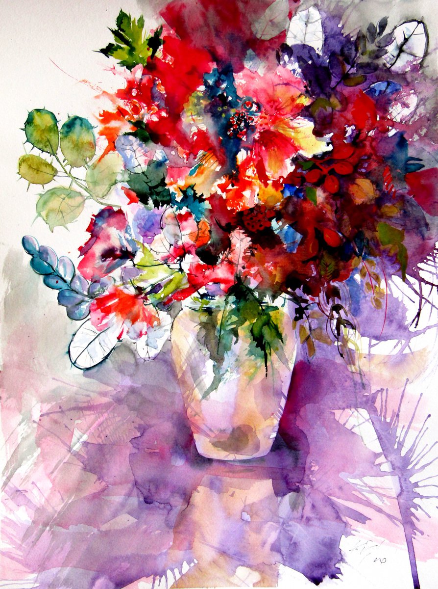 Expressive Still Life Watercolour By Kovacs Anna Brigitta, 15 X 20", Home Atmosphere With Flowers Ii, Original Artwork