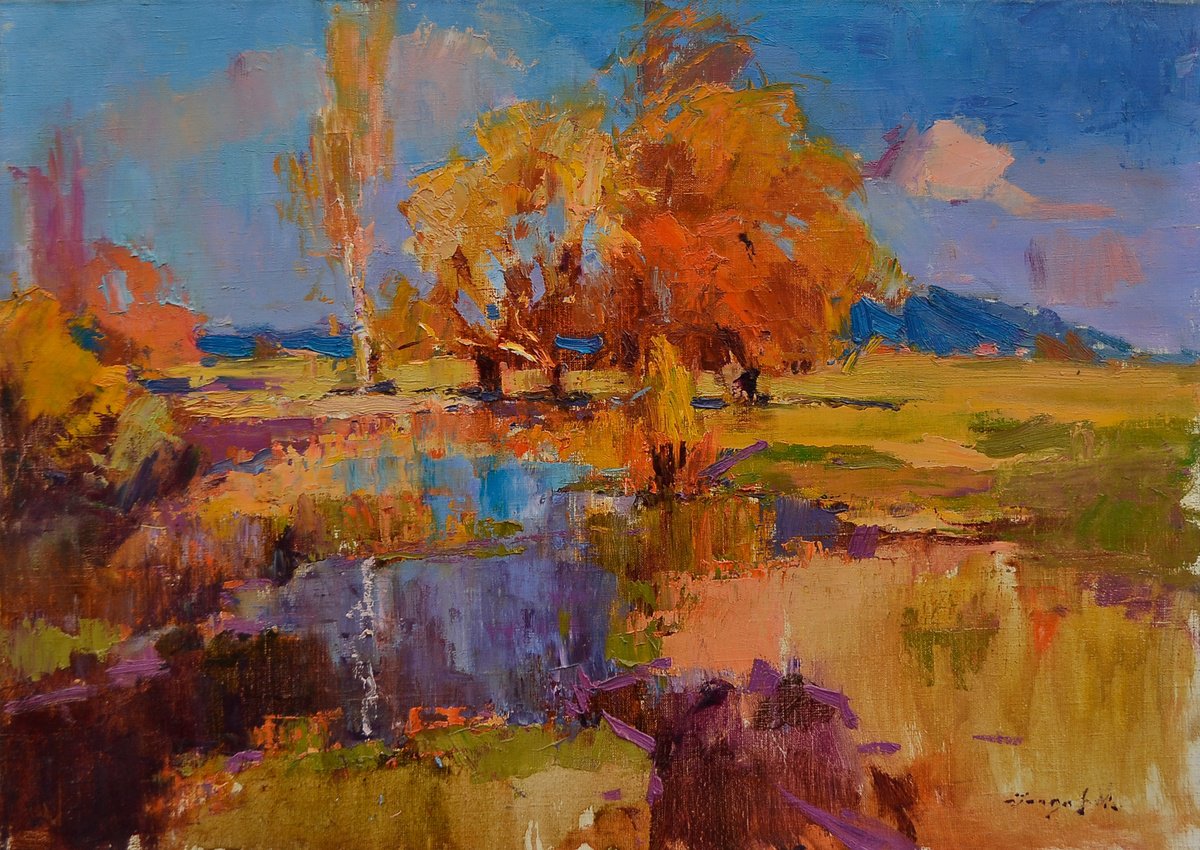 Impressionistic Landscape Oil Painting By Alexander Shandor, 31 X 24, Scarlet Autumn, Original Artwork