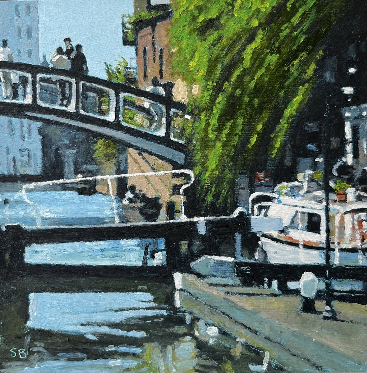 Impressionistic Cityscapes Oil Painting By Stephen Brook, 8 X 8", Camden Lock., Original Artwork