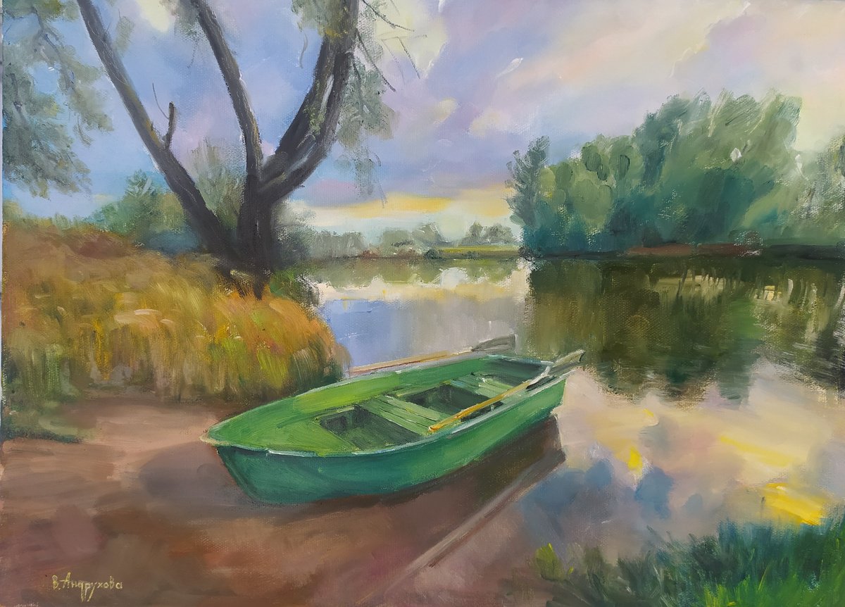 Impressionistic Landscape Oil Painting By Valentina Andrukhova, 22 X 16", By The River, Original Artwork