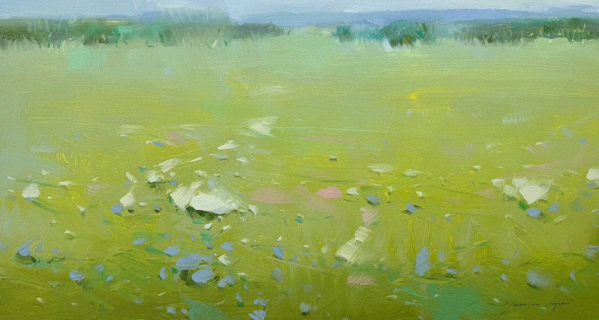 Impressionistic Landscape Oil Painting By Vahe Yeremyan, 31 X 17", Field, Original Artwork