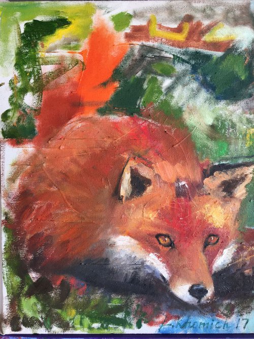 Red Fox painting Animal Art (40x50cm).Sale by Leo Khomich