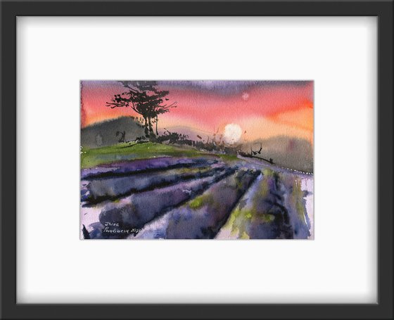 Lavender sunset, watercolor, 18,5x28 sm, deep colores, lavender, red, violet