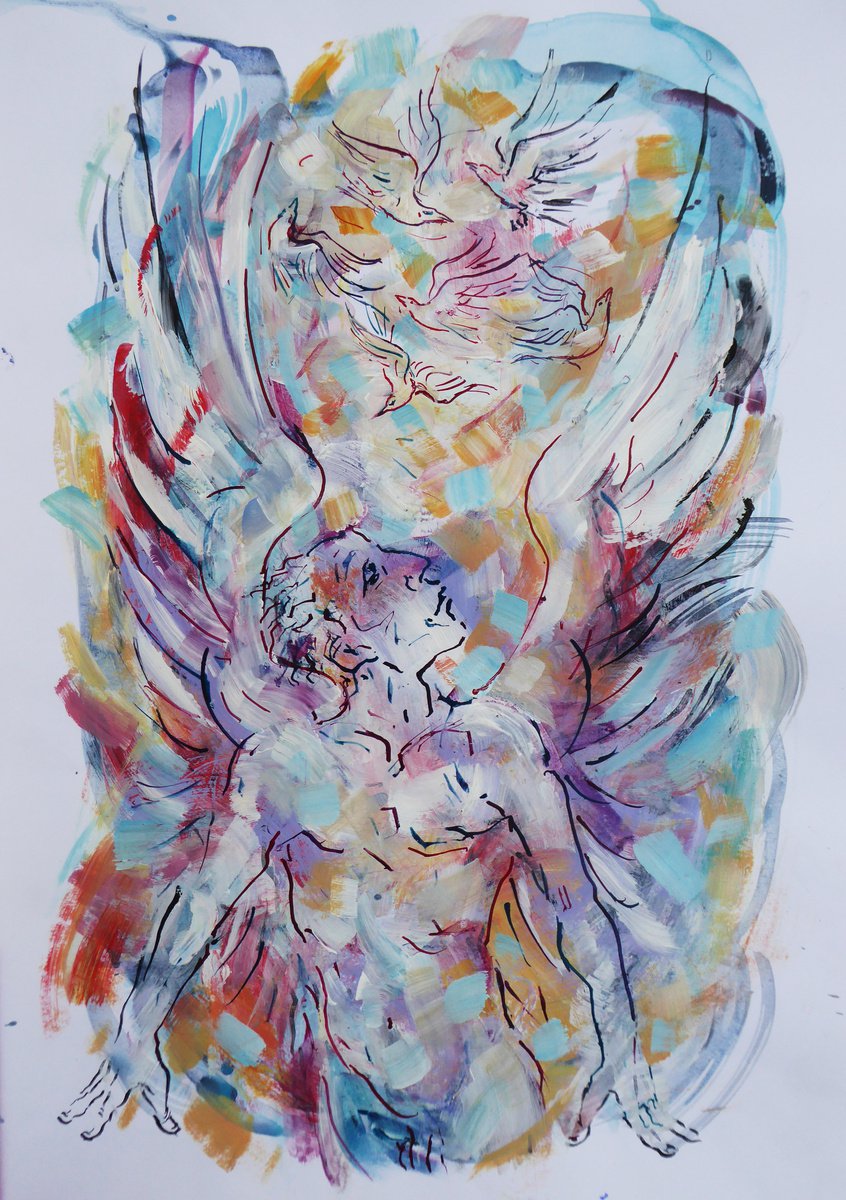 Surrealistic Portrait Ink Drawing By John Sharp, 16 X 23, Angel54 - Flight2, Original Artwork